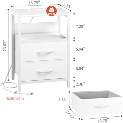 Yoobure Nightstand with Charging Station, Small Night Stand with Fabric Drawers and Storage Shelf for Bedrooms, Nightstands for Small Spaces, Bedside Table with USB Ports & Outlets, Bed Side Table