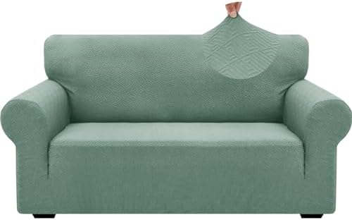 ZNSAYOTX 1 Piece Jacquard Couch Covers for 2 Cushion Couch High Stretch Loveseat Slipcover for Pets Dogs Anti Slip Love Seat Sofa Slipcover Furniture Protector (Medium,New Pattern Pea Green)