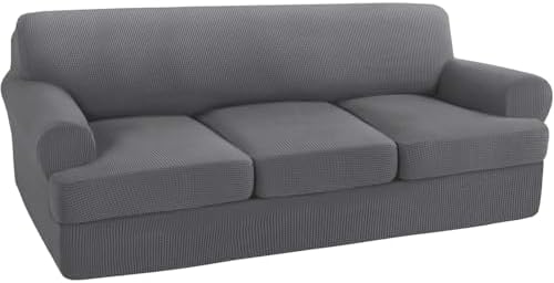 Turquoize 4 Piece T Cushion Sofa Slipcovers Stretch Couch Cover Furniture Covers with 3 Individual T Cushion Covers, Machine Washable (3 Cushion Sofa, Gray)