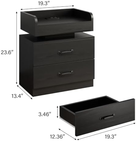 4ever2buy Black Nightstand with Charging Station and LED Lights