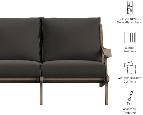 Modway Saratoga Teak Outdoor Patio Loveseat in Weathered Gray Flint – 2 Seater Outdoor Couch with Weather-Resistant Cushions – Wooden Porch Loveseat