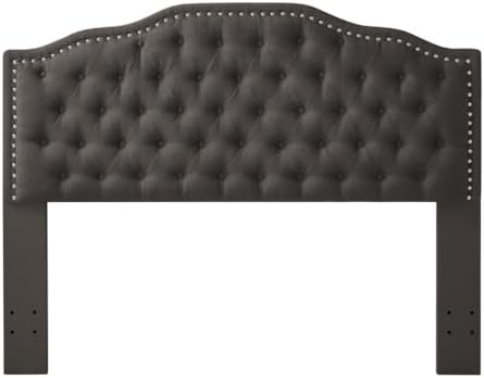 24KF Upholstered Button Tufted Queen Headboard with Nailhead Trim, Elegant Boucle Fabric Full headboard, 6031-Q-Boucle-Dark Gray