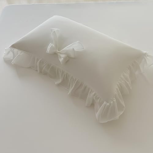 SOUKECHY Ruffled Bedding Bow Duvet Cover Set with Butterfly Tie, Soft Brushed Microfiber Shabby Chic Bedding Set with Zipper Closure-White,Queen