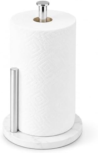 Chrome Paper Towel Holder for Kitchen Countertop, 304 Stainless Steel Roll Dispenser with White Engineered Marble Weighted Base, Freestanding Paper Towel Stand for Standard Rolls