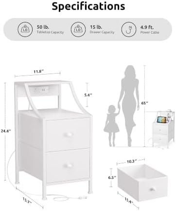 Lazzanto Narrow Nightstand with Charging Station for Bedroom, Dorm