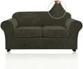 PrinceDeco Velvet Couch Cover Loveseat Covers for 2 Cushion Couch 3 Piece Sofa Covers for Dogs Washable Loveseat Covers Width Up to 72 Inch No Slip Stretch Sofa Slipcover(Medium, Olive)