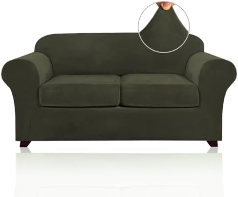 PrinceDeco Velvet Couch Cover Loveseat Covers for 2 Cushion Couch 3 Piece Sofa Covers for Dogs Washable Loveseat Covers Width Up to 72 Inch No Slip Stretch Sofa Slipcover(Medium, Olive)