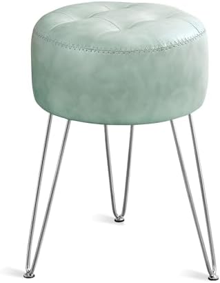 LUE BONA Small Vanity Stool Chair for Makeup Room, Mint Green Stool for Vanity, 19” Height, Tufted Faux Leather Vanity Chair Stool with Metal Legs, Modern Foot Stool Ottoman for Bedroom, Living Room
