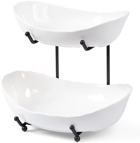 HBlife 2 Tier Fruit Bowl, Ceramic Fruit Basket for Kitchen Counter