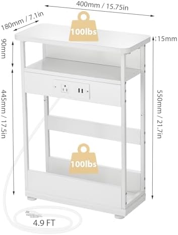 Narrow Side Table with Charging Station Small Spaces Narrow End Table
