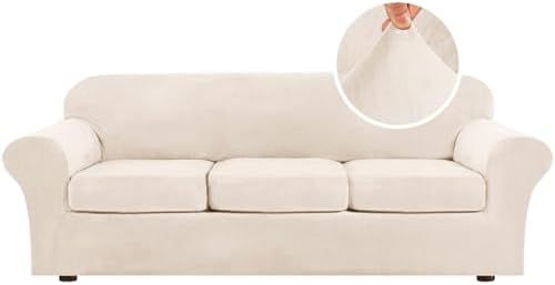 H.VERSAILTEX High Stretch Sofa Slipcover 4 Piece Cover Velvet Furniture Protector Form Fit Thick Velvet Extra Large Sofa Cover for 3 Cushion Couch Width Up to 97 Inch (Large Sofa, Butter Cream)