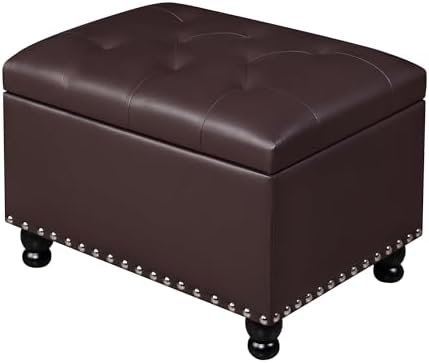 Adeco Faux Leather Storage Ottoman Bench with Safety Hinge, 23-Inch Upholstered Footrest Stool for Entryway & Living Room, Holds 350 lbs, Black