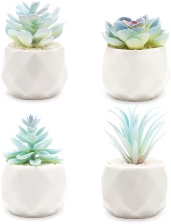 VIVERIE Mini Blue Artificial Succulent in Pots (White Ceramic, 4 Pot Set) Fake Plants for Indoors, Office Decor Blue Gift for Women, Office Home Decor Gifts-Faux Plant
