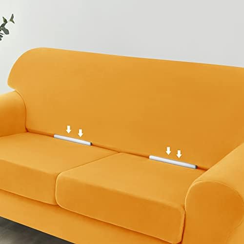 OBCREAT 3 Pieces Sofa Slipcover Stretch Velvet Sofa Covers for 2 Cushion Couch Loveseat Covers Soft Couch Cover with Elastic Bottom Non Slip Furniture Protector for Pets Kids (Gold, Medium)