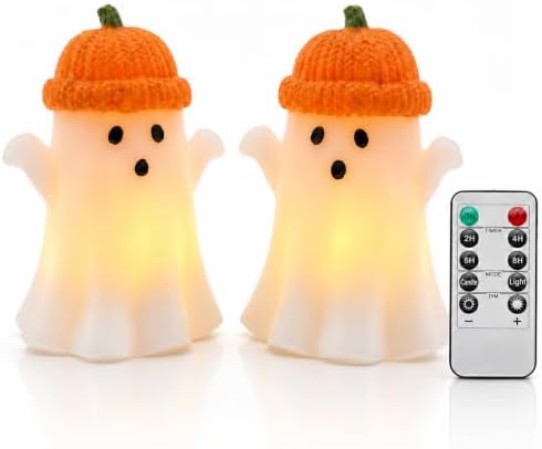 Enido Ghost with Pumpkin Hat Flameless Candles with Remote, Set of 2 Cute Real Wax LED Halloween Candles, Battery Operated Tea Lights, 2/4/6/8H Timer for Kids Room, Fall Tiered Tray Decor