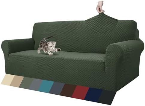 ZNSAYOTX 1 Piece Jacquard Couch Covers for 3 Cushion Couch Living Room High Stretch Sofa Cover Pets Dogs Friendly Anti Slip Thickened Slipcovers Furniture Protector (Sofa, Army Green)