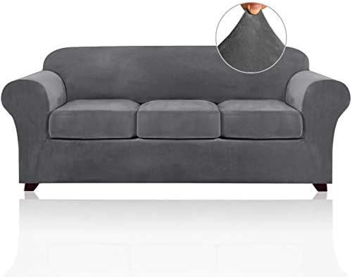PrinceDeco Velvet Couch Covers for Sofa Soft 4 Pieces Couch Covers for 3 Cushion Couch Sofa Pet Friendly Furniture Protector with Non Slip Elastic Bottom Width Up to 90 Inch (Large, Grey)