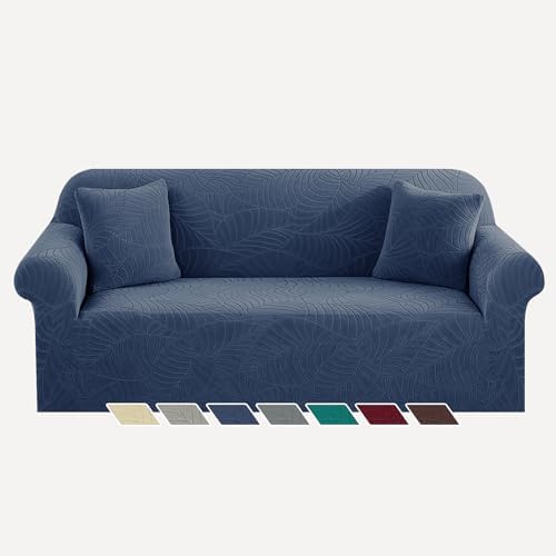 YEMYHOM Couch Cover Latest Jacquard Design High Stretch Sofa Covers for 3 Cushion Couch, Pet Dog Cat Proof Slipcover Non Slip Magic Elastic Furniture Protector (Large, Begonia Leaf Navy)