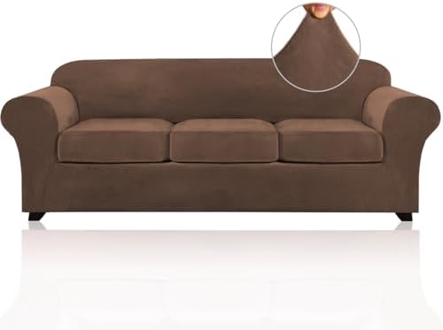 PrinceDeco Velvet XL Couch Cover for Oversized Sofa 4 Piece Sofa Covers for 3 Cushion Couch Washable Furniture Protector with Non Slip Elastic Bottom Width Up to 97 Inch(X-Large, Caramel)