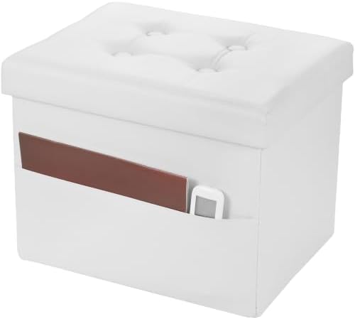 Bsketa Storage Ottoman Bench,17 Inch Folding Leather Foot Rest Stool, White