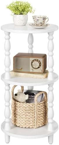 Yoobure Small Round Side Table - 3-Tier End Table with Storage Shelf, Narrow Bedside Table Nightstand for Bedroom, Accent End Tables Living Room, Wood Side Tables for Small Spaces, Office, White