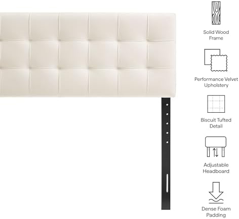 Modway Lily Performance Velvet Full Size Headboard with Biscuit Tufting in Alabaster - Stain-Resistant Upholstery with Padded Design and 5 Height-Adjustable Mounts