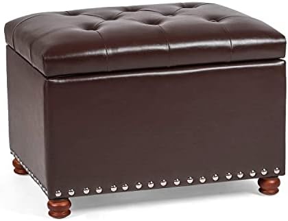 Adeco Button Tufted Accents Rectangular PU Leather Storage Bench Ottoman Footstool for Living Room Bedroom