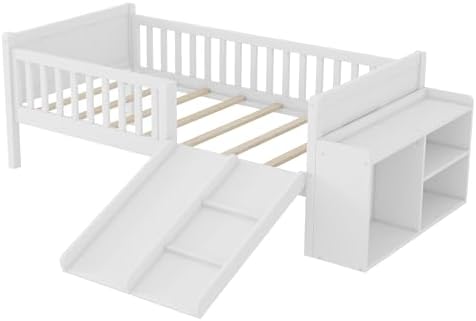 SOFTSEA Twin Size Kids Low Loft Bed with Slide, Wood Loft Bed Frame with Storage Shelves and Guardrails for Boys Girls, White