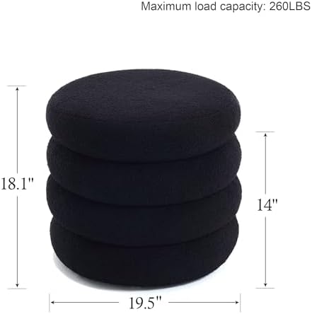 Boucle Ottoman with Storage Black, Small Round Footrest Stool with Removable Lid, Upholstered Sherpa Vanity Chair for Bedroom Entryway