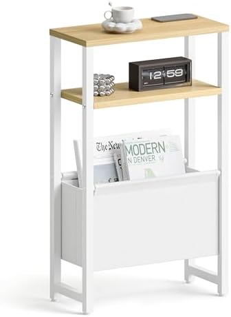 Narrow Side Table, Slim End Table with Magazine Rack, Skinny Bedside Table for Small Spaces, 3 Tier Sofa Couch Table Nightstand for Living Room, Bedroom, Natural LET503Y