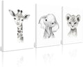 Safari Nursery Wall Art Decor Baby Animal Canvas Wall Art Baby Room Nursery Pictures Kids Artwork Safari Jungle Animal Prints Giraffe Elephant Tiger Painting for Bedroom 12x16x3 Inch Wrapped Canvas