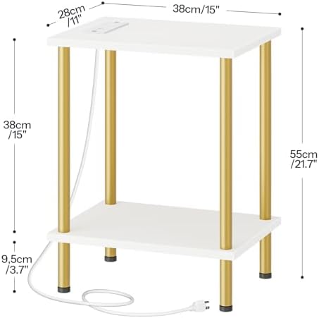 HOOBRO Side Table with Charging Station, Set of 2 End Tables with USB Port and Outlets, Nightstand with 2-Layer Storage Shelves for Small Spaces, Living Room, Bedroom, White and Gold DW09UBZP201