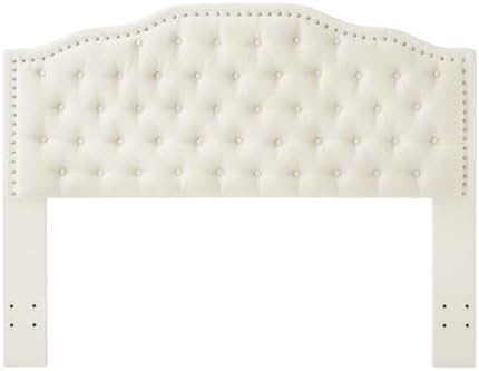 24KF Upholstered Button Tufted Queen Headboard with Nailhead Trim, Elegant Boucle Fabric Full headboard, 6031-Q-Boucle-Ivory