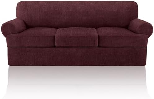 4 Piece T Cushion Sofa Slipcovers Stretch Couch Slip Cover for 3 Cushion Couch Sofa, Machine Washable for Living Room (Burgundy, 3 Cushions)
