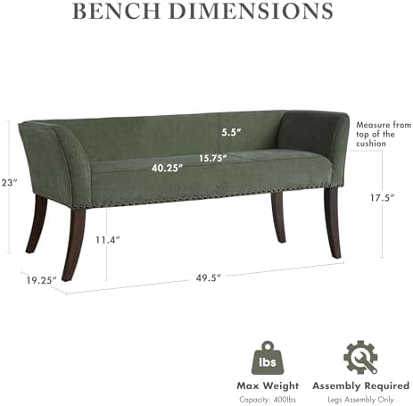 Madison Park Accent Bench, Plush Upholstered, Nailhead Trim, & Padded Seat Entryway Bench Small, End of Bed Bench with Back, 49.5" W x 19.25" D x 23" H, Green
