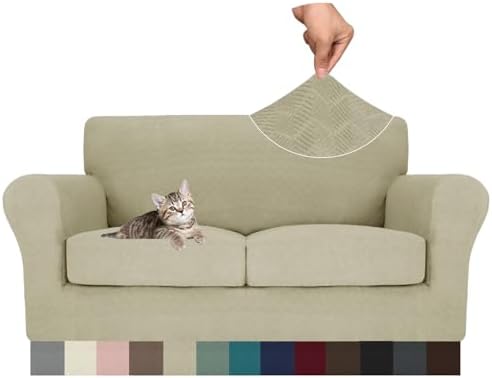 MAXIJIN 3 Piece Couch Covers for 2 Cushion Couch loveseat Cover, Stretch Love Seat Sofa Slipcovers for Dogs Pet, Thick Furniture Protector with 2 Seat Cushion (55"-69", Khaki)