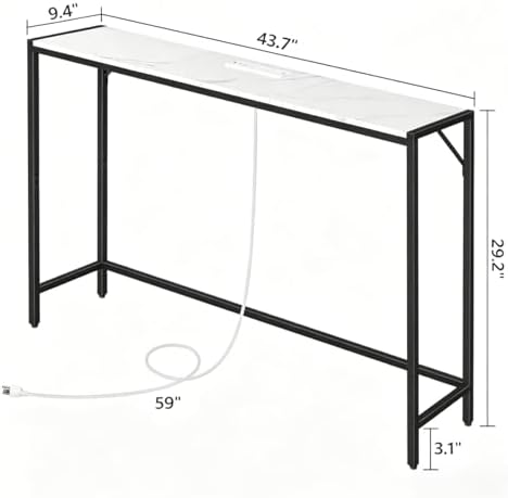 MAHANCRIS Narrow Console Table, 43.7" Sofa Table with Outlets, Marble&Black