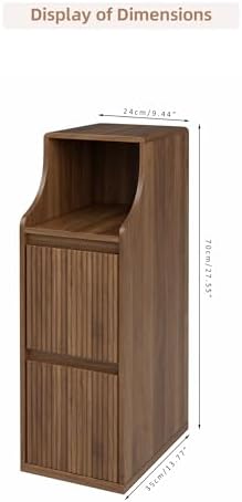 Fluted Narrow Nightstand Set of 2, Mid Century Modern Small Bedside Table with 2 Drawers, Wooden Skinny Vintage Side Table, Night Stand, Slim End Table for Bedroom, Walnut, Brown