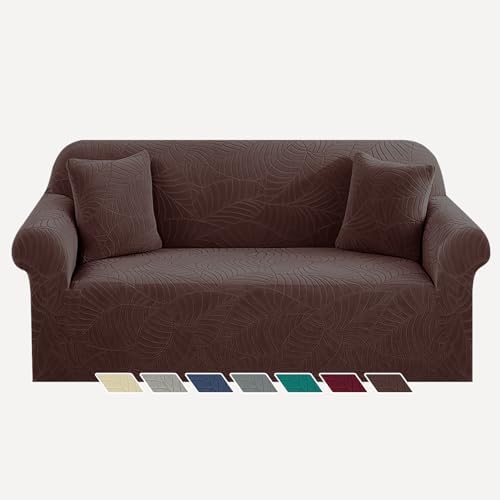 YEMYHOM Couch Cover Latest Jacquard Design High Stretch Sofa Covers for 2 Cushion Couch, Pet Dog Cat Proof Loveseat Slipcover Non Slip Elastic Furniture Protector (Medium, Begonia Leaf Coffee)