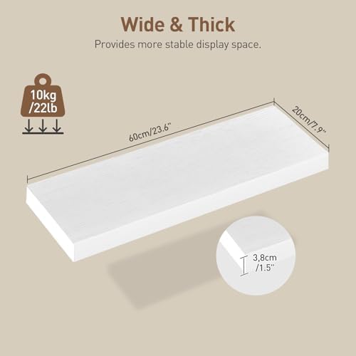 RALGEND Floating Shelves for Wall, 23.6" Wall Shelf Set of 3 with Invisible Brackets, 1.5" Thick Hanging Shelves Farmhouse Home Decor for Bathroom, Living Room, Bedroom, White 6301BJP3WT
