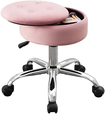 Pink Swivel Vanity Stool With Storage Vanity Chair with Wheels Ottoman