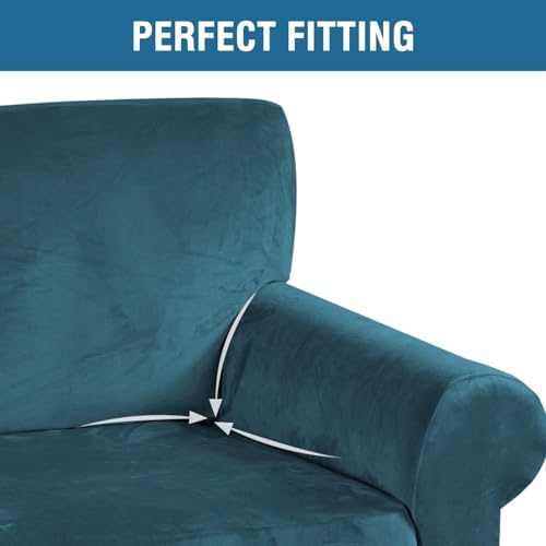 H.VERSAILTEX Stretch Velvet Sofa Covers for 3 Cushion Couch Covers Furniture Protector Soft with Non Slip Elastic Bottom, Crafted from Thick Comfy Rich Velour (Large Sofa 90"-97", Deep Teal)