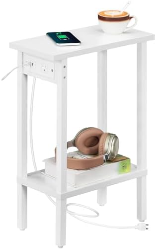 HOOBRO Narrow Side Table, 2-Tier Slim End Table with Charging Station, Skinny Nightstand with Open Storage, for Small Spaces, Living Room, Bedroom, Study, White WT240UBZ01