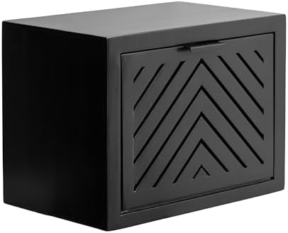Kate and Laurel Mezzeta Modern Floating Shelf Side Table with Storage Cubby; 16 x 10 x 12; Black; Decorative Slatted Wood Floating Nightstand with Pull Down Door for Use as Bathroom Storage