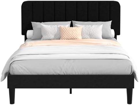 VECELO Queen Size Bed Frame with Upholstered Headboard, Velvet Platform Bedframe Mattress Foundation, Strong Wood Slat Support, No Box Spring Needed,Black