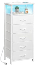 Fixwal Night Stand with Charging Station, White Led Nightstand, 5 Drawers