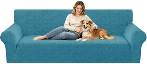 ZNSAYOTX Stretch Couch Cover, 1 Piece Oversized Sofa Covers for 3 Cushion Couch, Jacquard Sofa Slipcovers with Elastic Bottom Thickened Furniture Protector for Dog Cat Pet (X-Large, Peacock Blue)