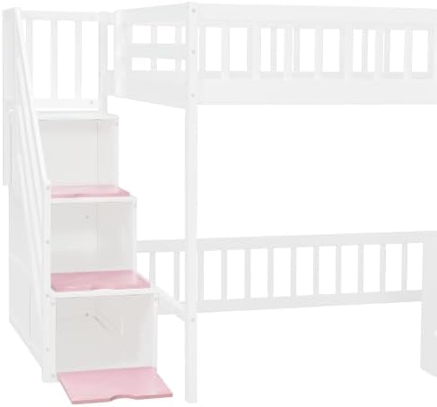 LUMISOL Full Size Loft Bed with Storage Steps and Under Bed Cabinets, Playhouse Loft Bed Frame with LED Light, White+Pink