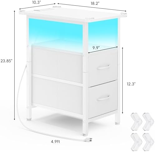 Vagusicc Set of 2 White Nightstand with Charging Station and LED Lights, Narrow Side Table, LED Night Stand with 2 Fabric Drawers, Bedside Table Small End Table, Tall Nightstand for Bedroom, White