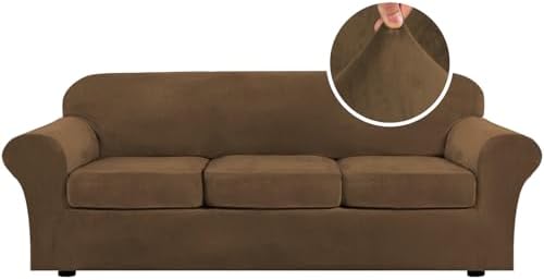 H.VERSAILTEX High Stretch Sofa Slipcover 4 Piece Cover Velvet Furniture Protector Form Fit Thick Velvet Extra Large Sofa Cover for 3 Cushion Couch Width Up to 97 Inch (Large Sofa, Bronze Brown)